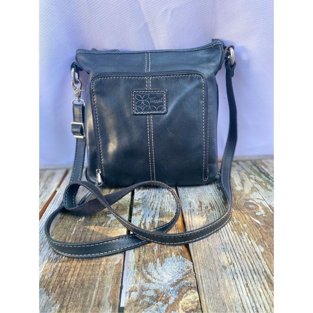 Fossil Black Leather Crossbody Purse RFID Organizer Bag Adjustable Strap